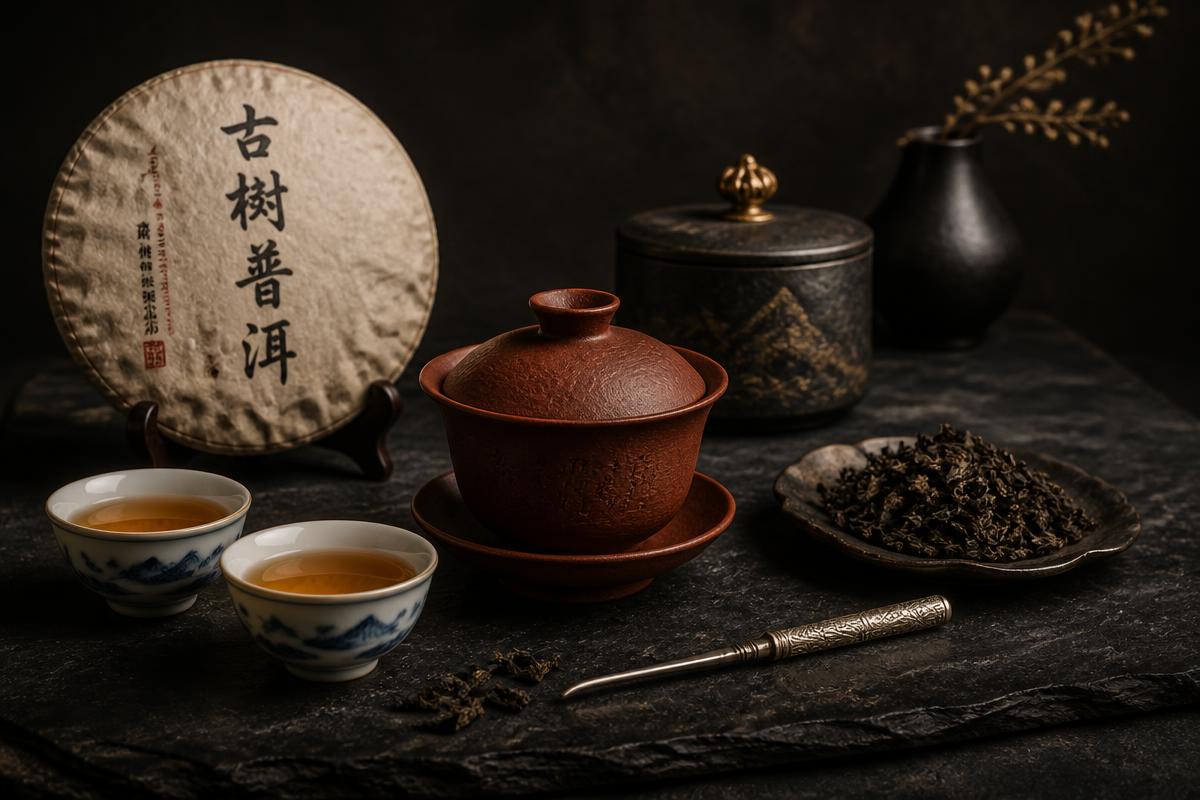 A collection of fine teaware including a clay gaiwan, porcelain cups, and loose tea leaves
